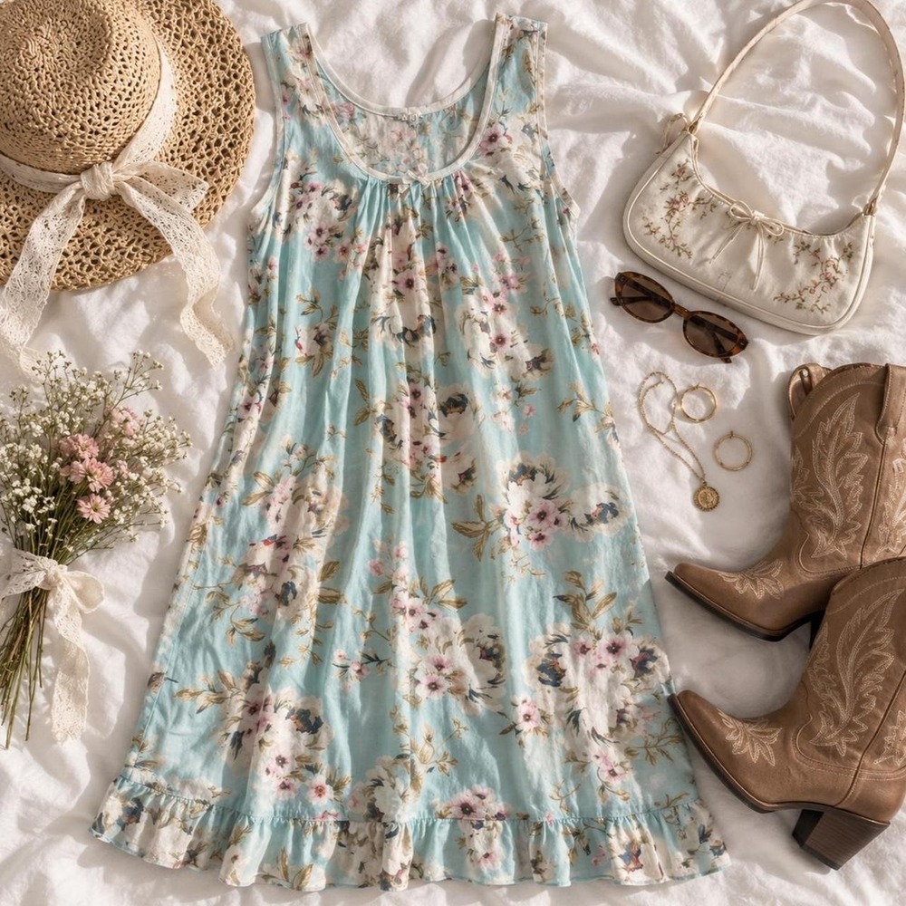 Floral babydoll dress Blue floral cottagecore mini dress y2k